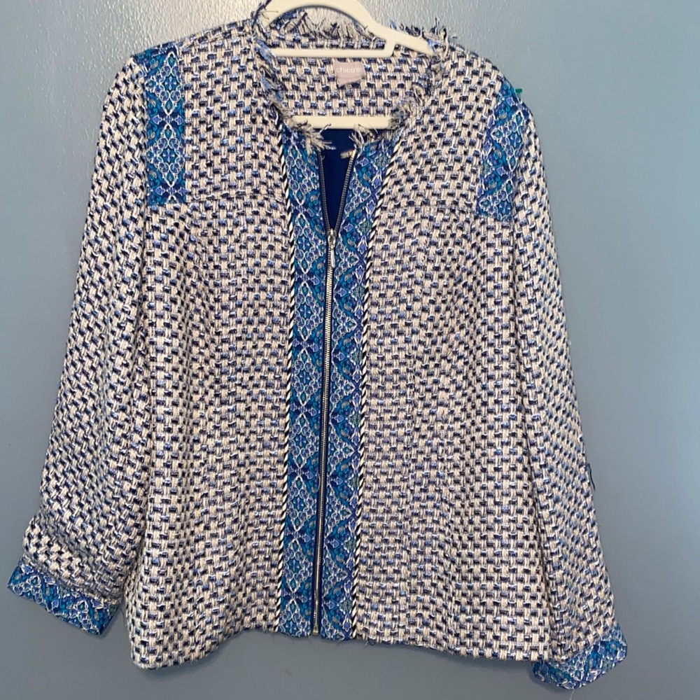 Chico’s Fringe Zip Tweed Cardigan Blazer